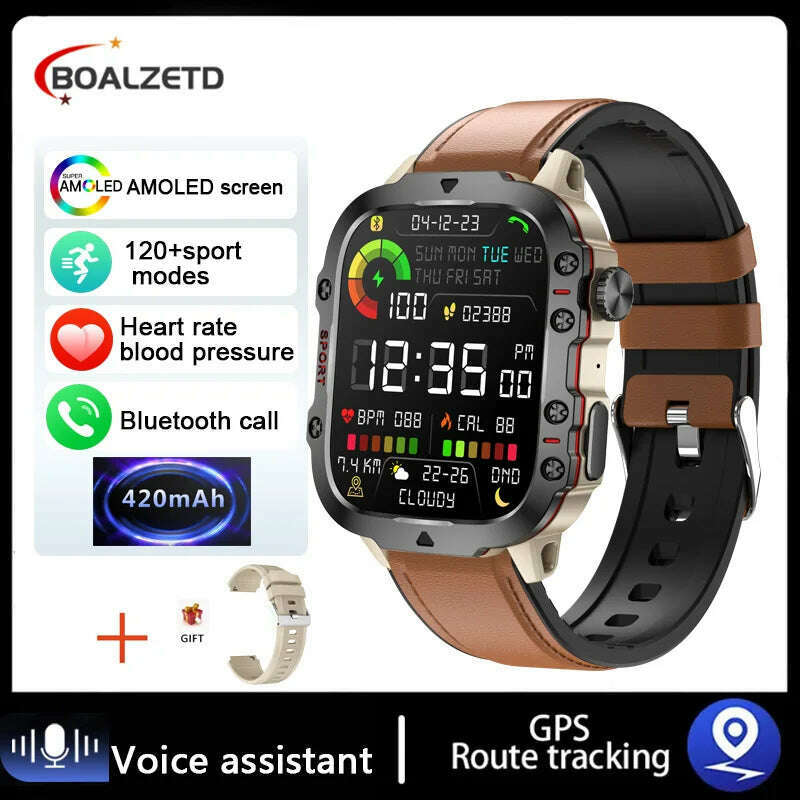 KIMLUD, 2024 New Rugged Military GPS Smart Watch Men AMOLED HD Screen Heart Rate Waterproof Outdoor SmartWatch Bluetooth Call For Xiaomi, Belt brown / Outdoor Sports Watch, KIMLUD Womens Clothes