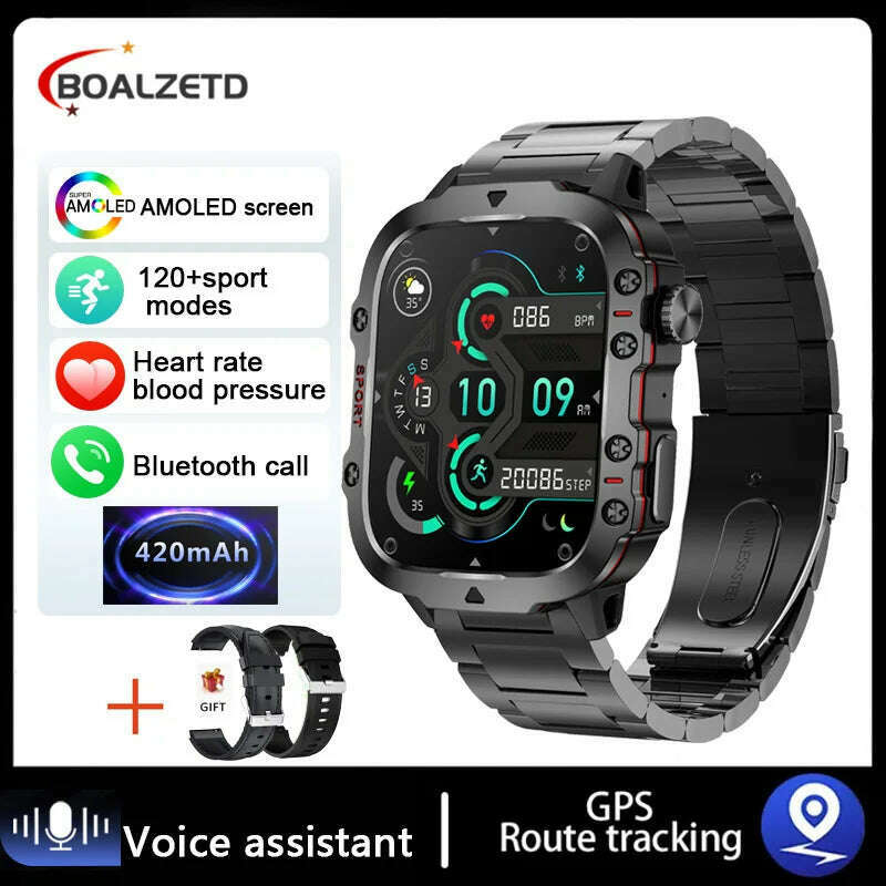 KIMLUD, 2024 New Rugged Military GPS Smart Watch Men AMOLED HD Screen Heart Rate Waterproof Outdoor SmartWatch Bluetooth Call For Xiaomi, steel strip black / Outdoor Sports Watch, KIMLUD Womens Clothes