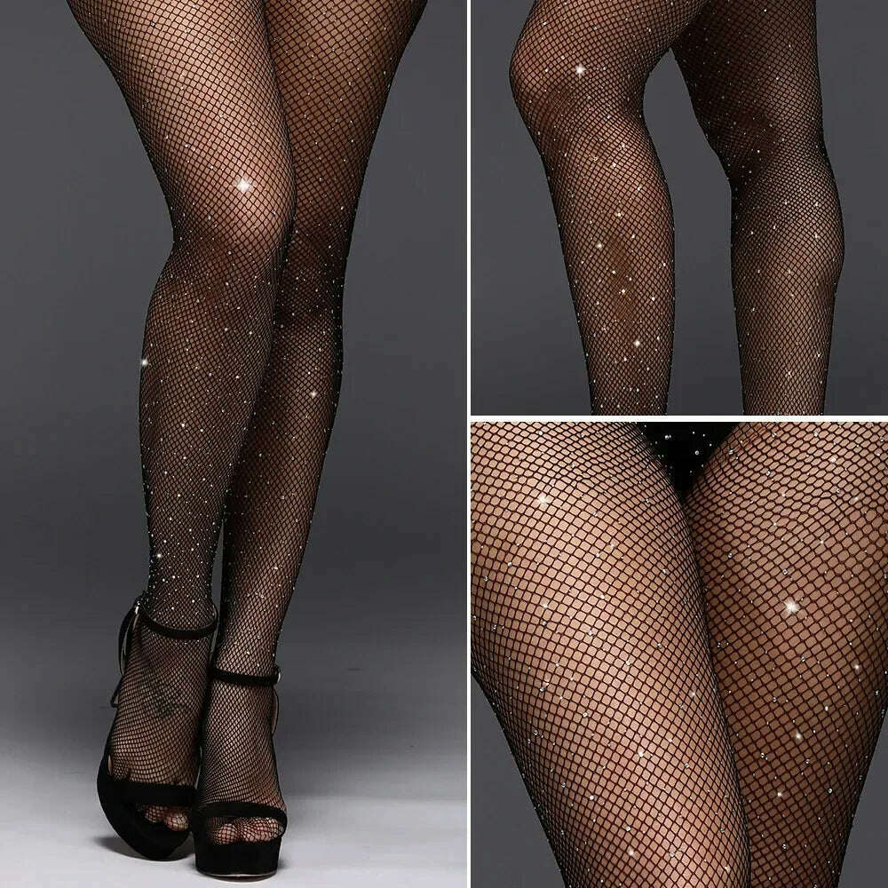 KIMLUD, 2024 New Sexy Hollow Shiny Net Tights Fishnet Pantyhose Summer Women  Female Slim White Rhinestone Mesh Thin Nylon Stockings, KIMLUD Womens Clothes