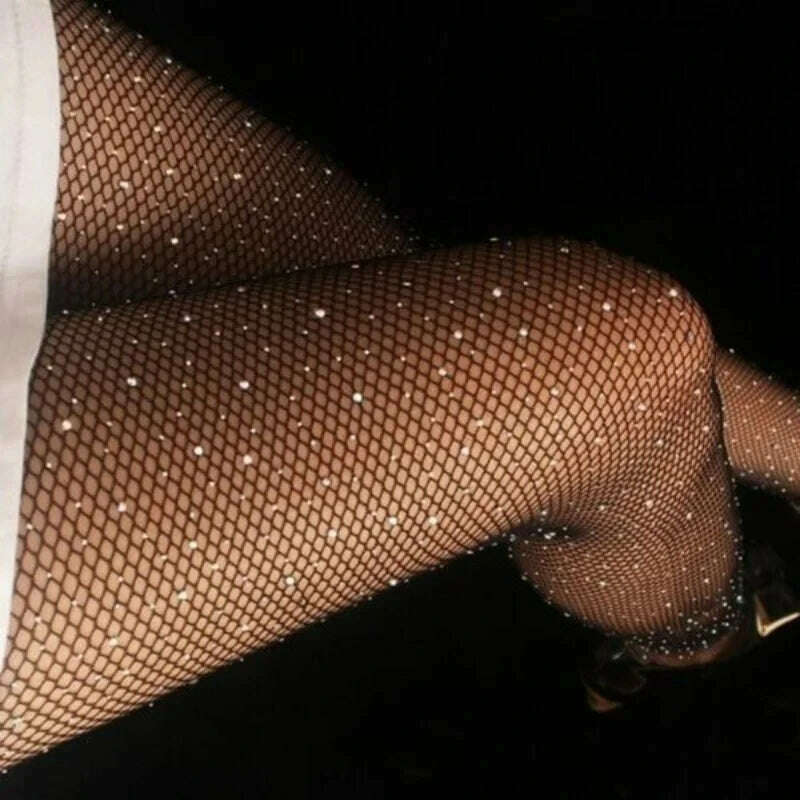 KIMLUD, 2024 New Sexy Hollow Shiny Net Tights Fishnet Pantyhose Summer Women  Female Slim White Rhinestone Mesh Thin Nylon Stockings, KIMLUD Womens Clothes