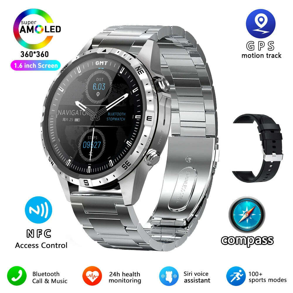 KIMLUD, 2024 NEW Smart Watch GT45 Men Bluetooth Call Outdoor Sports Voice Assistant Compass Health Monitoring Fitness Tracker Smartwatch, Black steel belt / Outdoors Compass, KIMLUD Womens Clothes