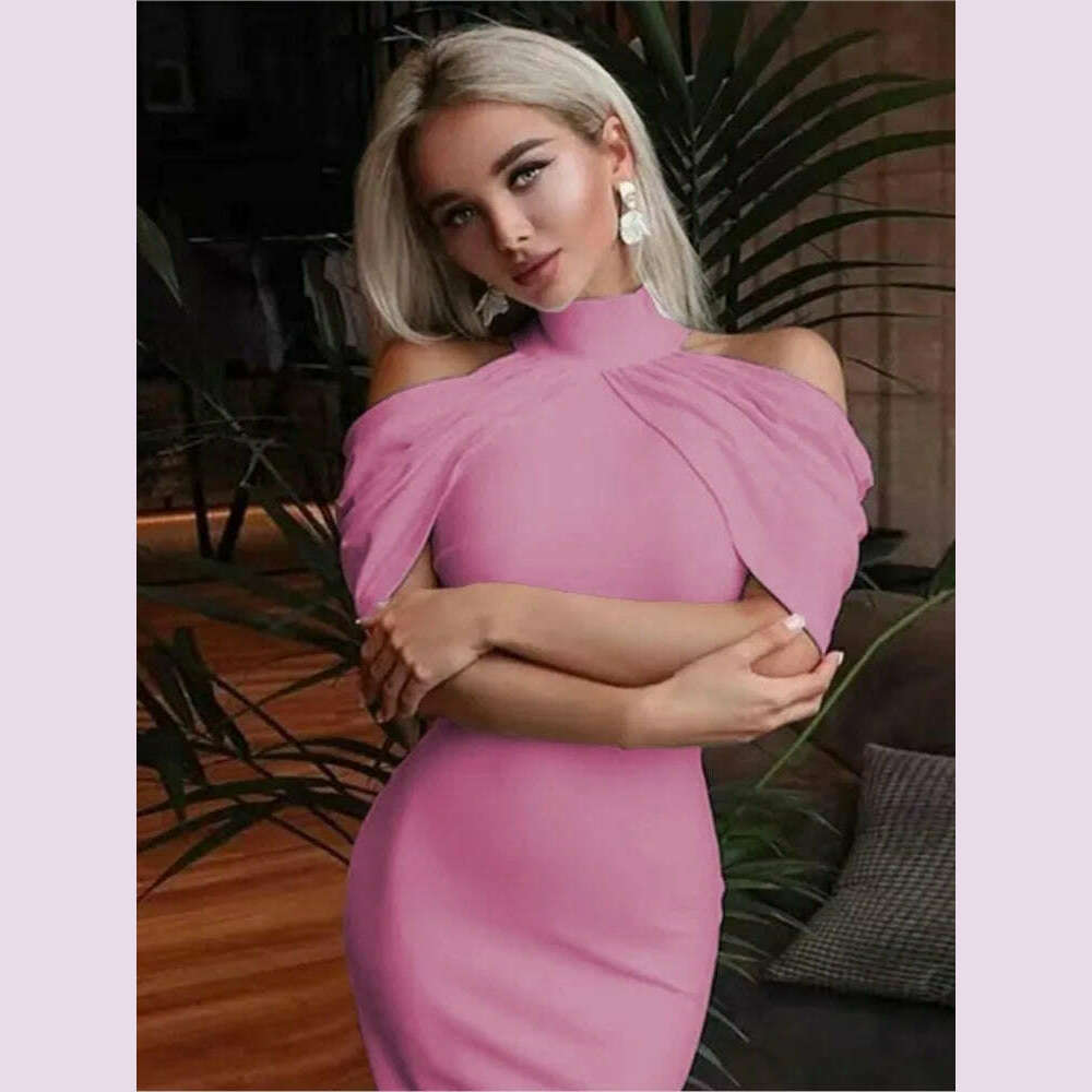 KIMLUD, 2024 New Solid Color Slim Midi Dresses Women Halter Neck Off Shoulder Package Hip Bodycon Elegant Temperament Ladies Party Dress, KIMLUD Womens Clothes