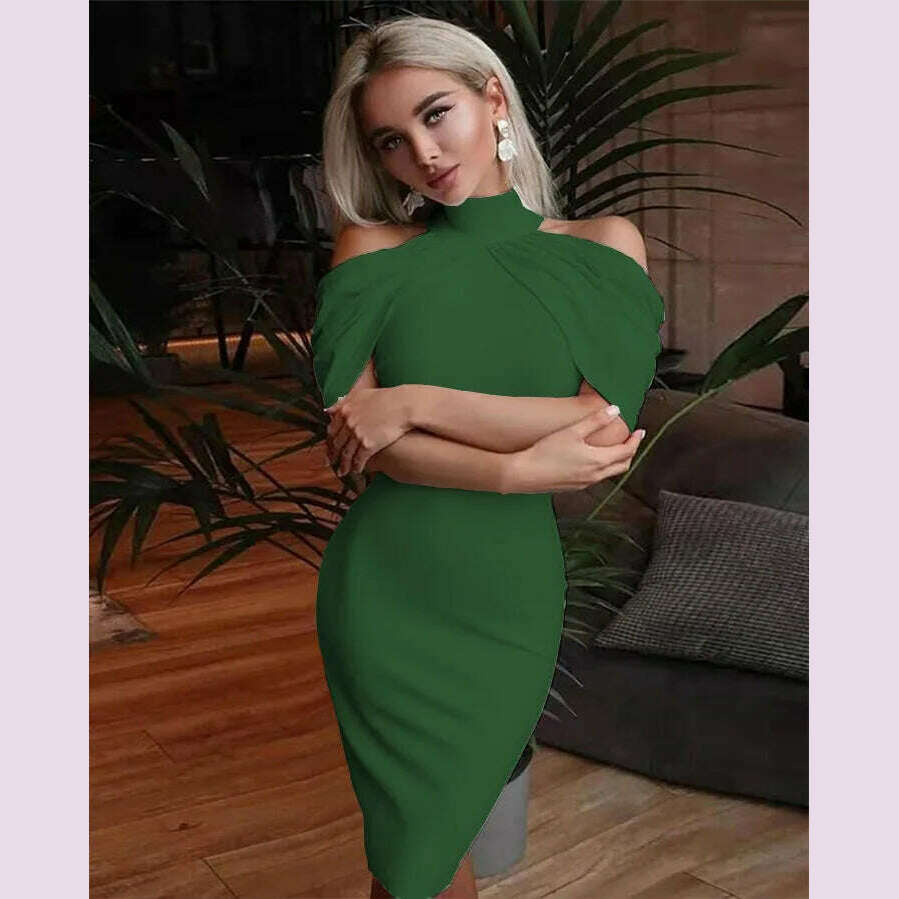 KIMLUD, 2024 New Solid Color Slim Midi Dresses Women Halter Neck Off Shoulder Package Hip Bodycon Elegant Temperament Ladies Party Dress, Dark-green / XXXL, KIMLUD APPAREL - Womens Clothes