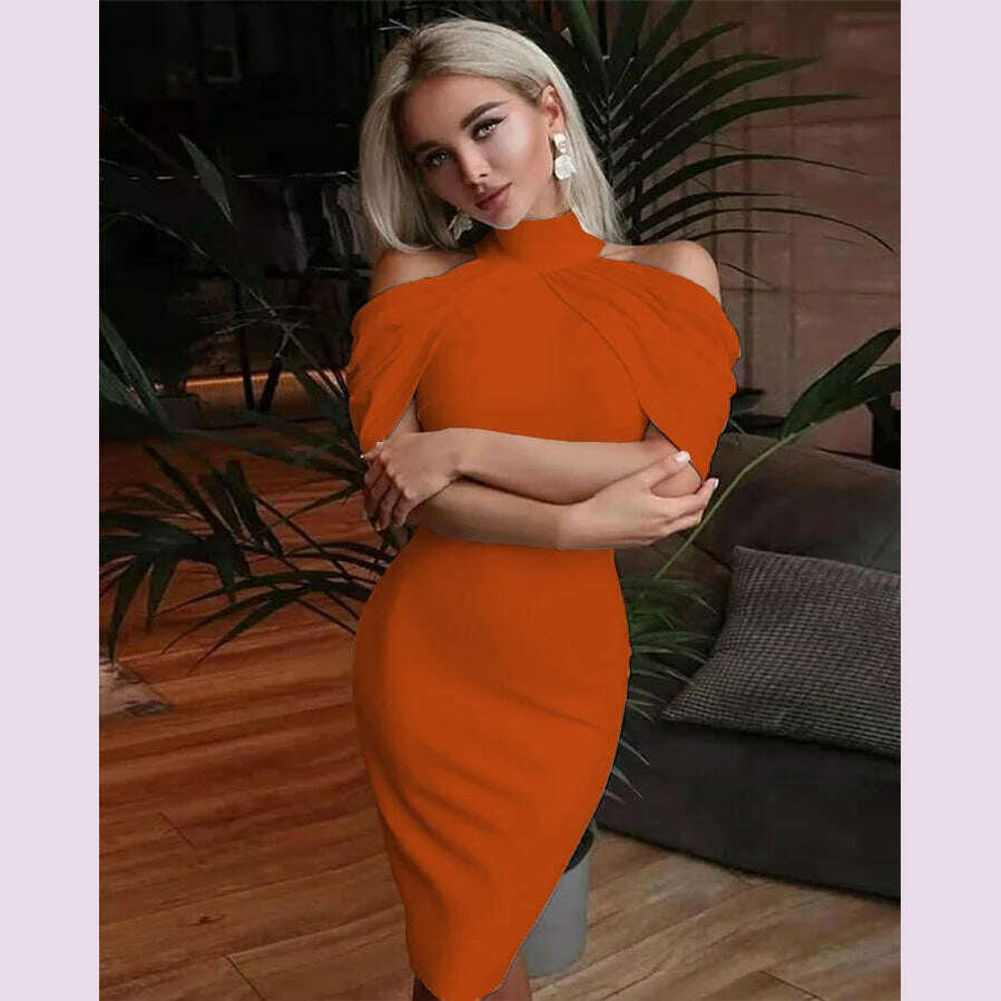 KIMLUD, 2024 New Solid Color Slim Midi Dresses Women Halter Neck Off Shoulder Package Hip Bodycon Elegant Temperament Ladies Party Dress, orange / L, KIMLUD APPAREL - Womens Clothes