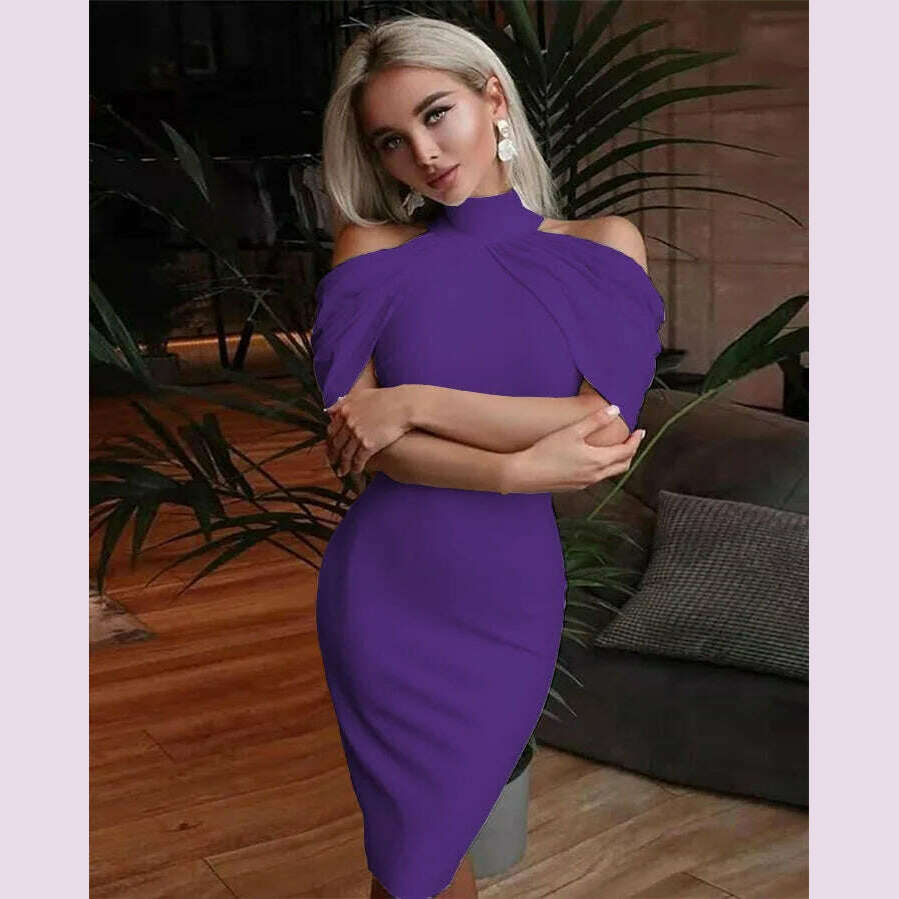 KIMLUD, 2024 New Solid Color Slim Midi Dresses Women Halter Neck Off Shoulder Package Hip Bodycon Elegant Temperament Ladies Party Dress, purple / S, KIMLUD APPAREL - Womens Clothes