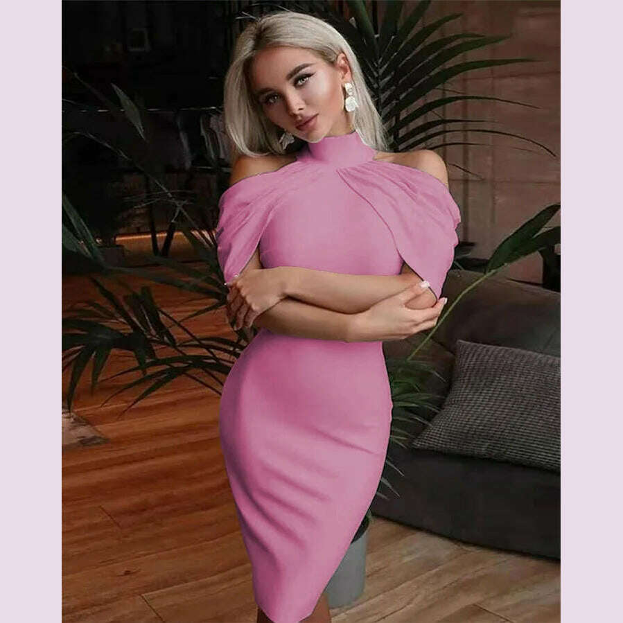 KIMLUD, 2024 New Solid Color Slim Midi Dresses Women Halter Neck Off Shoulder Package Hip Bodycon Elegant Temperament Ladies Party Dress, pink / XXXL, KIMLUD APPAREL - Womens Clothes