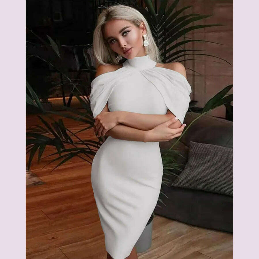 KIMLUD, 2024 New Solid Color Slim Midi Dresses Women Halter Neck Off Shoulder Package Hip Bodycon Elegant Temperament Ladies Party Dress, white / XXXL, KIMLUD APPAREL - Womens Clothes