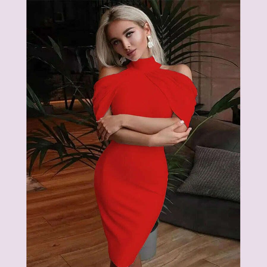 KIMLUD, 2024 New Solid Color Slim Midi Dresses Women Halter Neck Off Shoulder Package Hip Bodycon Elegant Temperament Ladies Party Dress, red / XXXL, KIMLUD APPAREL - Womens Clothes