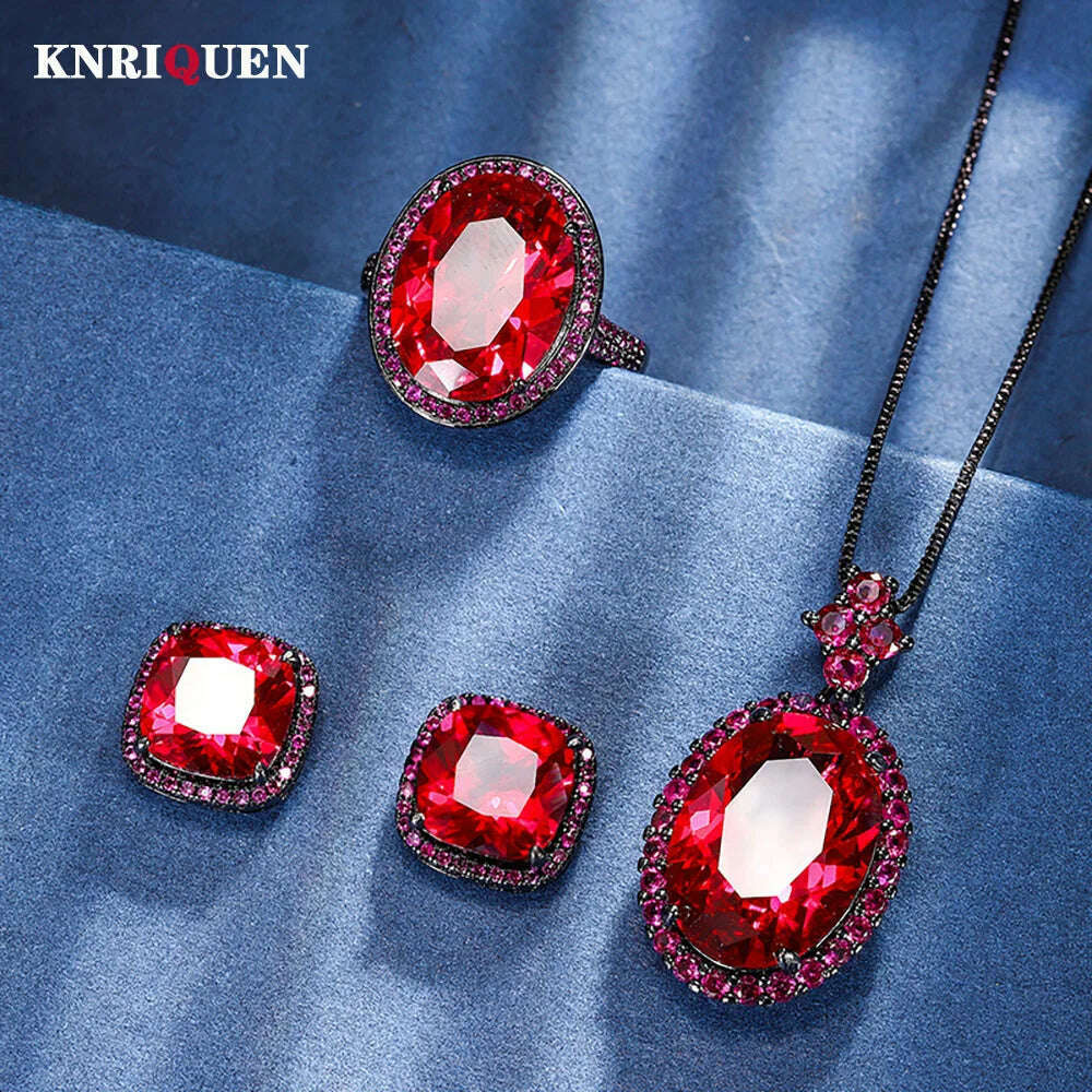 KIMLUD, 2024 New Vintage Blood Ruby Gemstone Necklace Pendant Ring Earrings Wedding Party Fine Jewelry Sets for Women Anniversary Gift, KIMLUD Womens Clothes