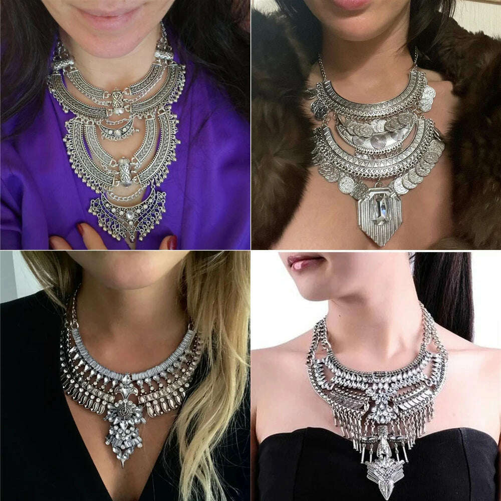 2024 New ZA Indian Boho Ethnic Retro Statement Large Collar Choker Necklace Women Fashion Maxi Vintage Long Necklace Jewelry - KIMLUD