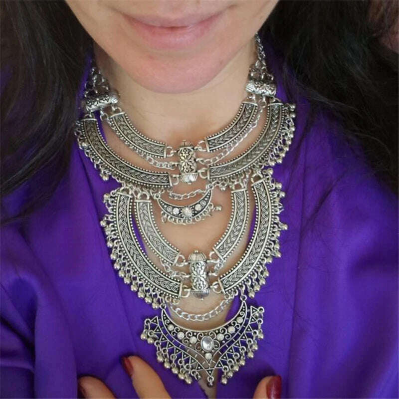 2024 New ZA Indian Boho Ethnic Retro Statement Large Collar Choker Necklace Women Fashion Maxi Vintage Long Necklace Jewelry - KIMLUD