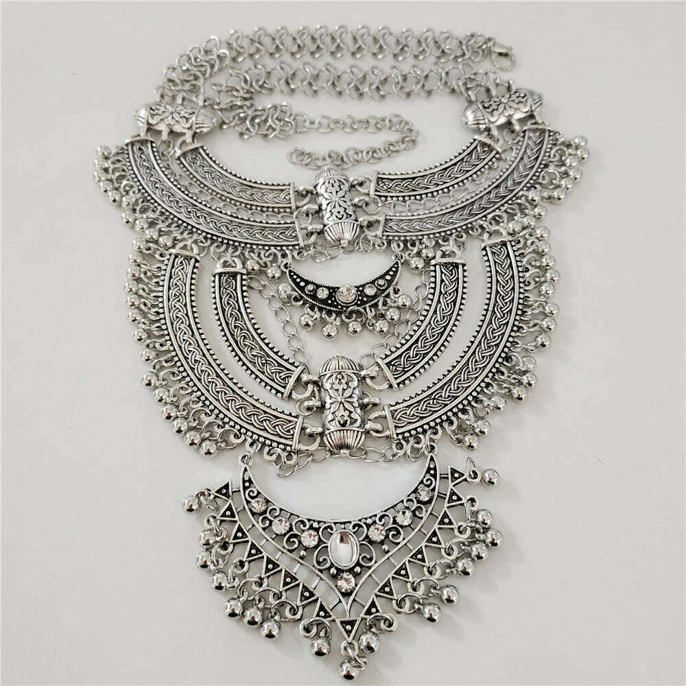 KIMLUD, 2024 New za Indian Vintage Gypsy Baroque Statement Metal Necklace Earrings Women Jewelry Sets Retro Large Collar Choker Necklace, Silver, KIMLUD APPAREL - Womens Clothes