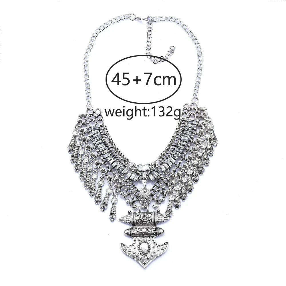 2024 New ZA Indian Vintage Statement Metal Necklace Earrings Women Jewelry Sets Boho Ethnic Retro Large Collar Tassel Necklace - KIMLUD