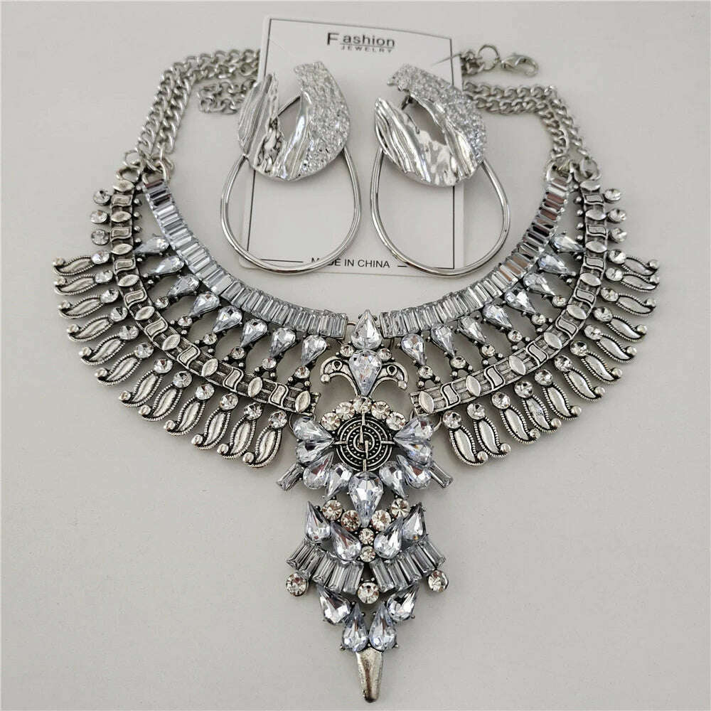 2024 New ZA Vintage Indian Statement Necklace Earrings Women Jewelry Sets Boho Ethnic Metal Big Choker Necklace - KIMLUD