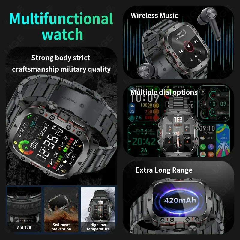 KIMLUD, 2024 Rugged Military Smart Watch Men Outdoor Watches lP68 Waterproof 2.01" Al Voice Bluetooth Call Smartwatch For Android lOS, KIMLUD Womens Clothes