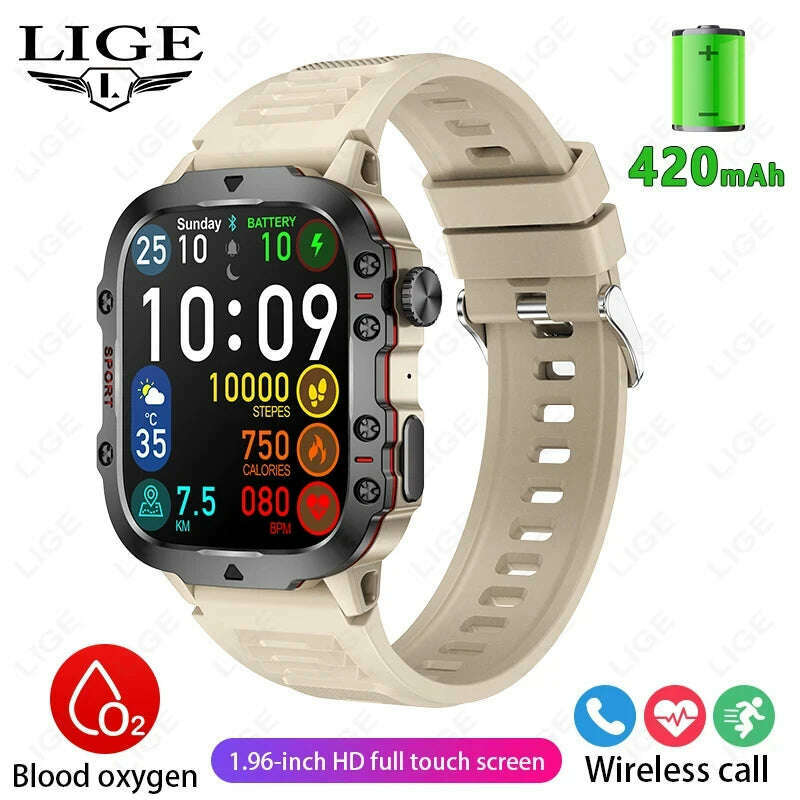 KIMLUD, 2024 Rugged Military Smart Watch Men Outdoor Watches lP68 Waterproof 2.01" Al Voice Bluetooth Call Smartwatch For Android lOS, Khaki, KIMLUD APPAREL - Womens Clothes