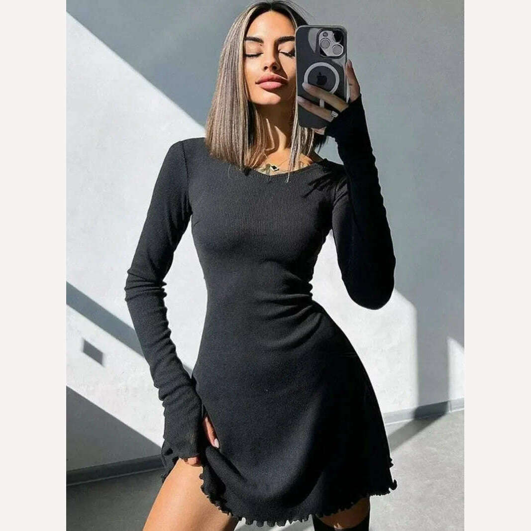 2024 Spring Sexy Tunics High Waist Bandage A-line Short Dresses for Women Streetwear Fashion Long Sleeve Lace-up Black Dress - KIMLUD