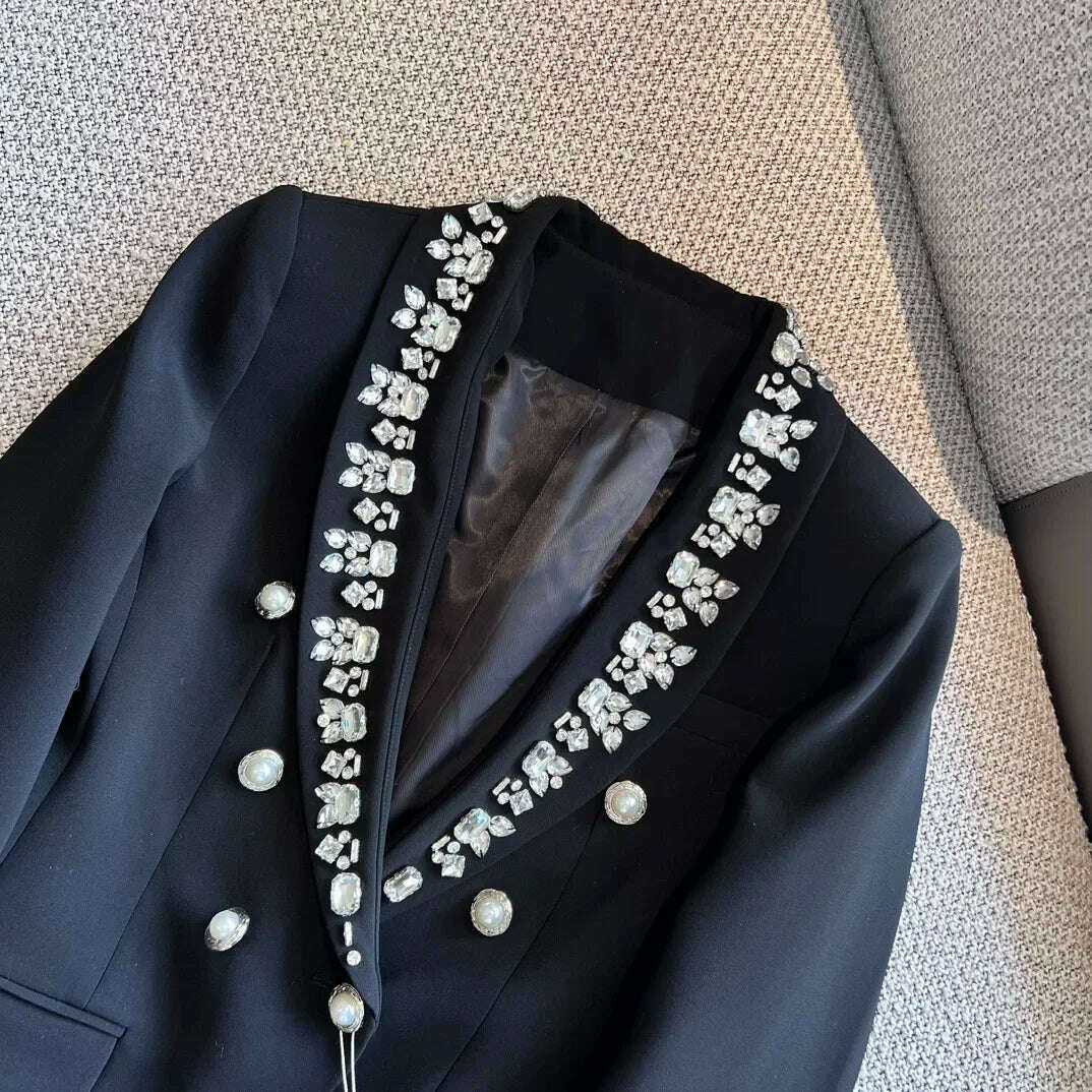 KIMLUD, 2024 Spring Summer New  Black diamond studded double breasted heavy Industry Nail Beads shawl collar woman suit jacket coat, KIMLUD Womens Clothes