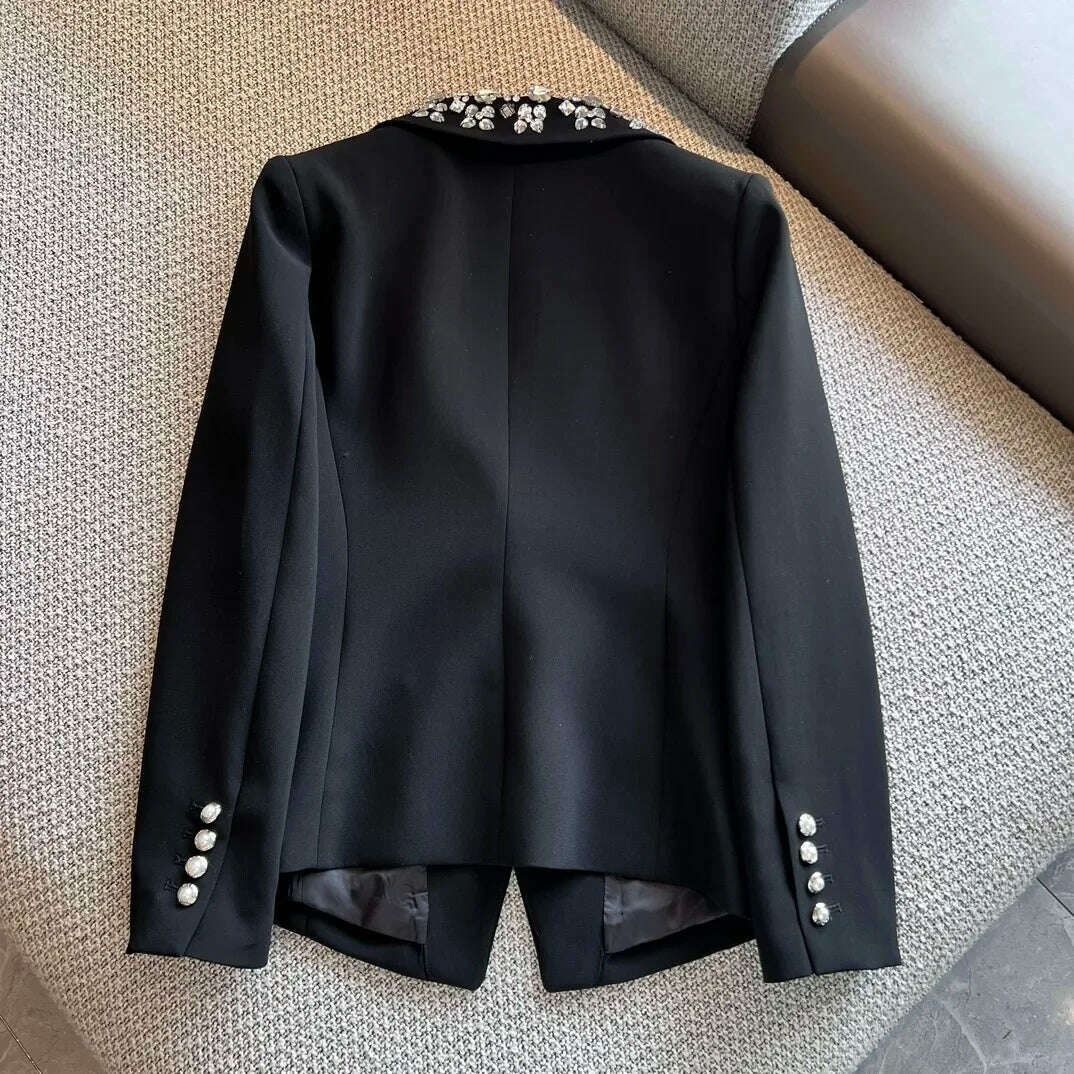 KIMLUD, 2024 Spring Summer New  Black diamond studded double breasted heavy Industry Nail Beads shawl collar woman suit jacket coat, KIMLUD Womens Clothes