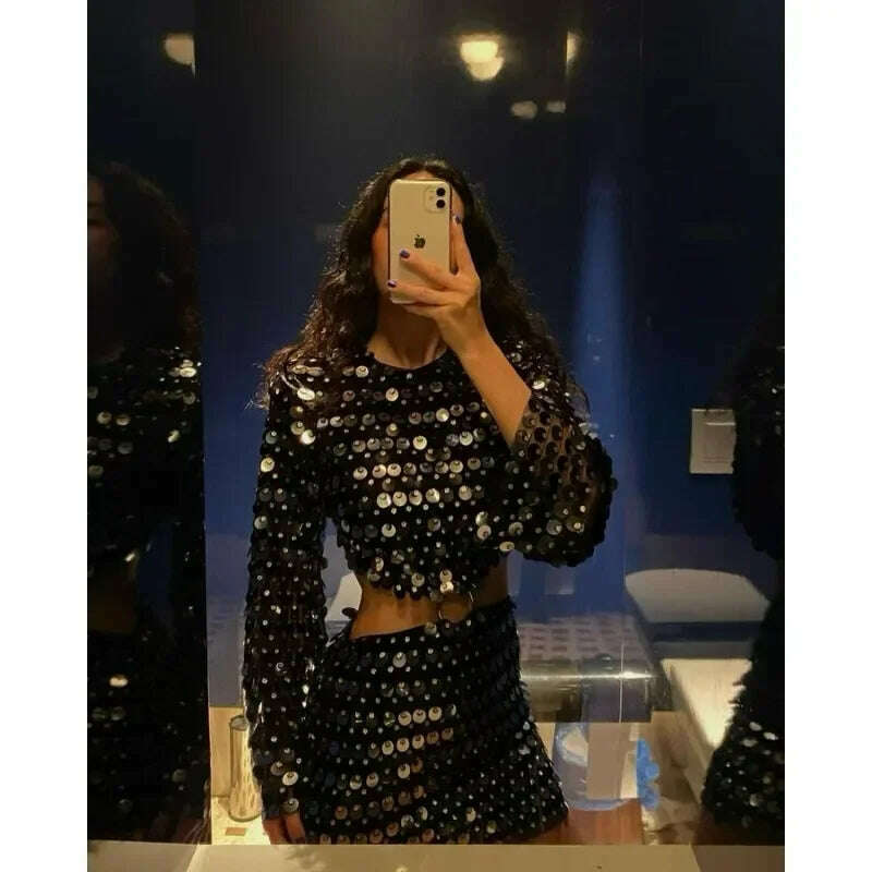 2024 Spring Summer New Dress Women's Fashion Solid Color Sequined Flare Sleeve Dress Women's Sexy O-Neck Irregular Mini Dress - KIMLUD