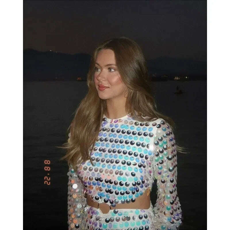 2024 Spring Summer New Dress Women's Fashion Solid Color Sequined Flare Sleeve Dress Women's Sexy O-Neck Irregular Mini Dress - KIMLUD