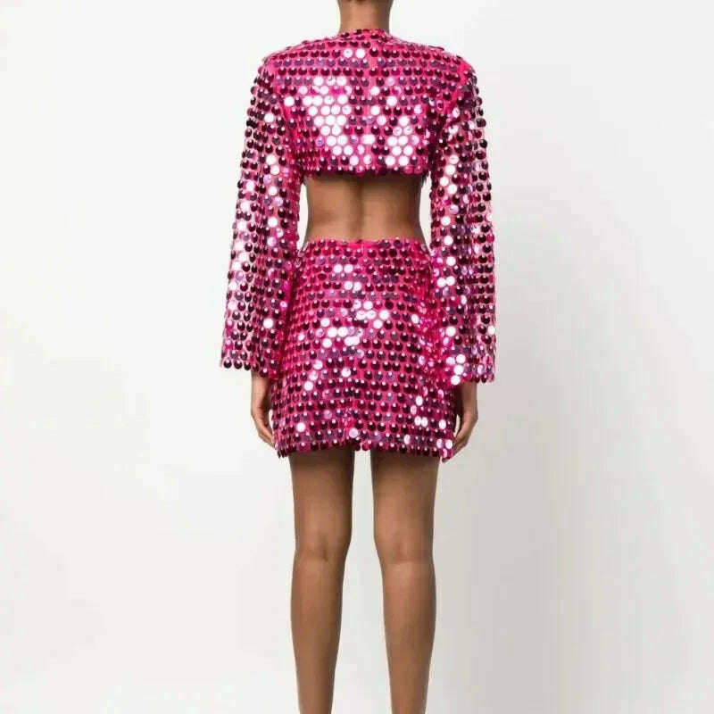 2024 Spring Summer New Dress Women's Fashion Solid Color Sequined Flare Sleeve Dress Women's Sexy O-Neck Irregular Mini Dress - KIMLUD