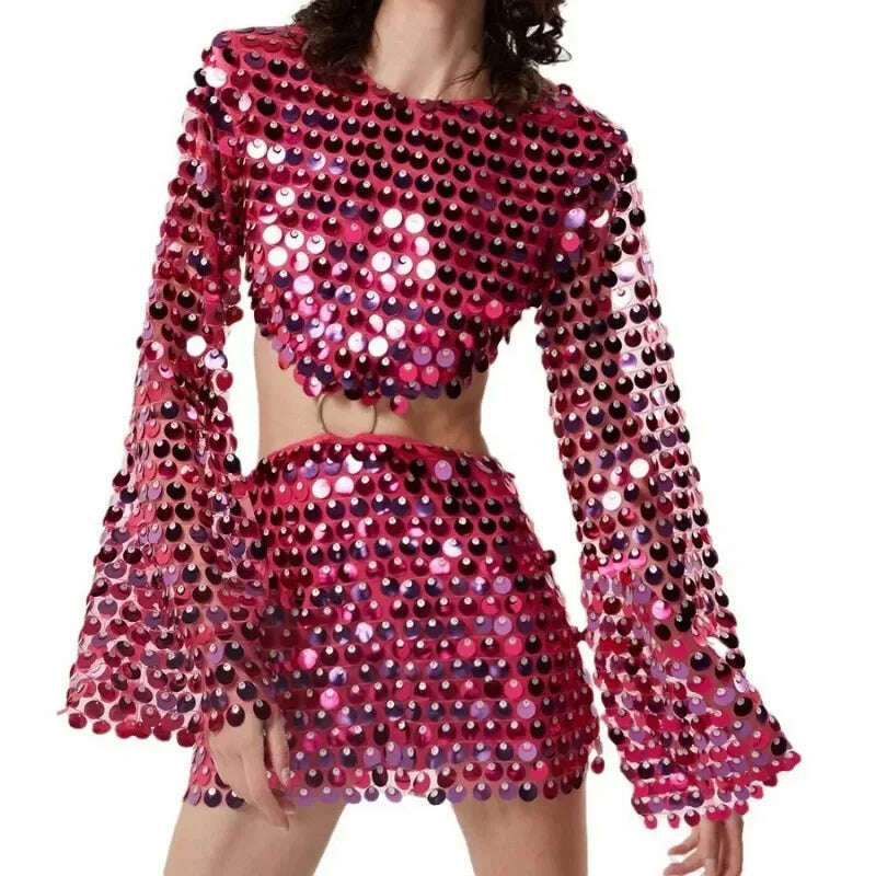 2024 Spring Summer New Dress Women's Fashion Solid Color Sequined Flare Sleeve Dress Women's Sexy O-Neck Irregular Mini Dress - KIMLUD