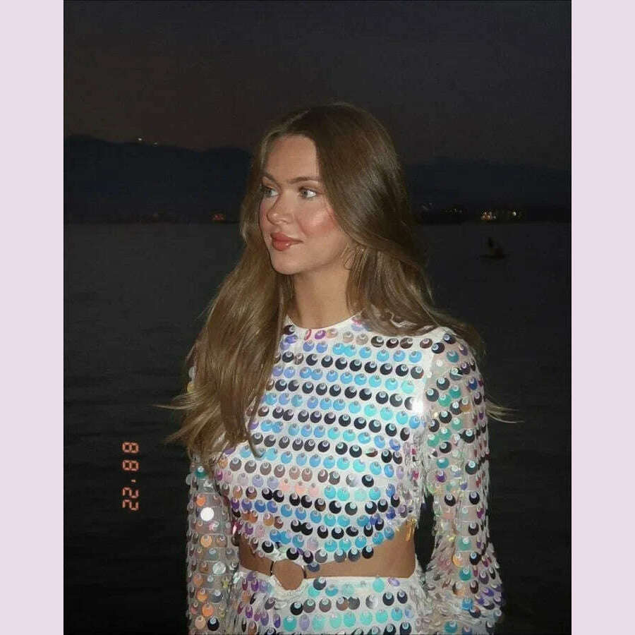 2024 Spring Summer New Dress Women's Fashion Solid Color Sequined Flare Sleeve Dress Women's Sexy O-Neck Irregular Mini Dress - KIMLUD