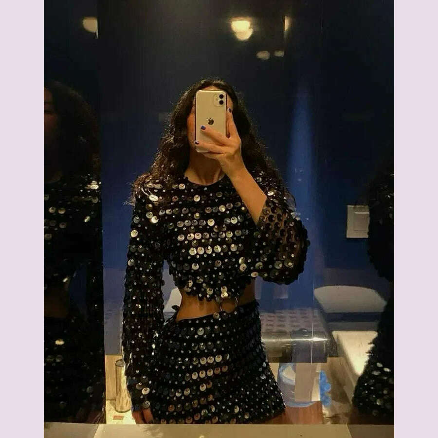 2024 Spring Summer New Dress Women's Fashion Solid Color Sequined Flare Sleeve Dress Women's Sexy O-Neck Irregular Mini Dress - KIMLUD