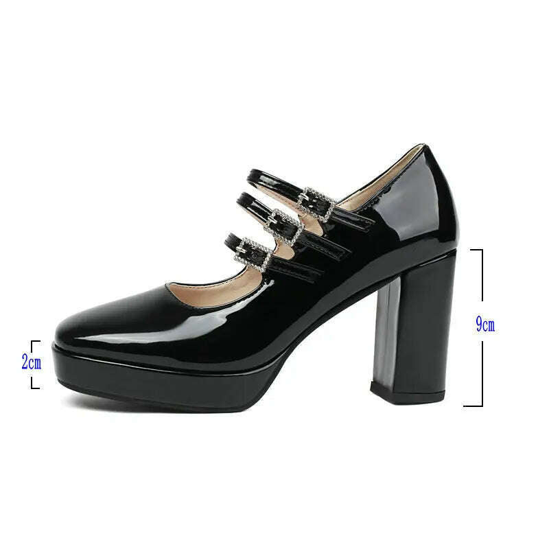 2024 Spring Women High Heel Shoes Platform Thick High Heel Ladies Pumps PU Leather Square Toe Buckle Dress Fashion Women Shoes - KIMLUD