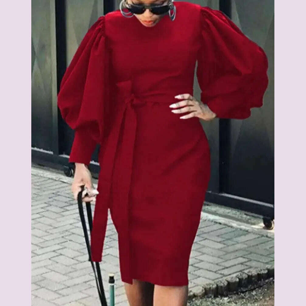 KIMLUD, 2024 Spring Women's Long Dress Black Lantern Sleeve Bandage Elegant Dresses Female Fashion Casual Party Formal Clothing Ladies, red / S, KIMLUD APPAREL - Womens Clothes