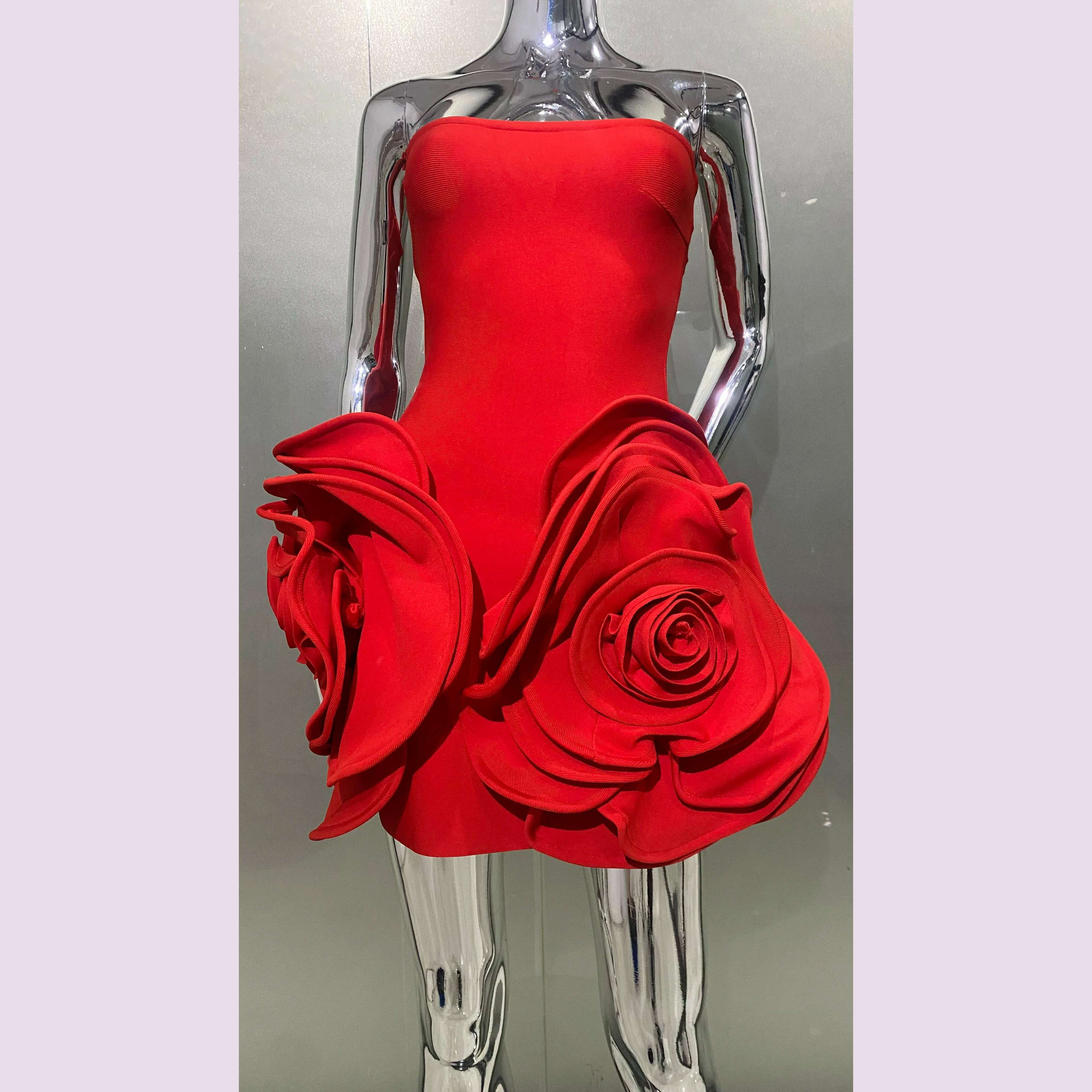 KIMLUD, 2024 Stereoscopic Flowers Strapless Red Bandage Mini Evening Dress Fashion Woman Birthday Party Dress Celebrity Party Outfit, KIMLUD Womens Clothes