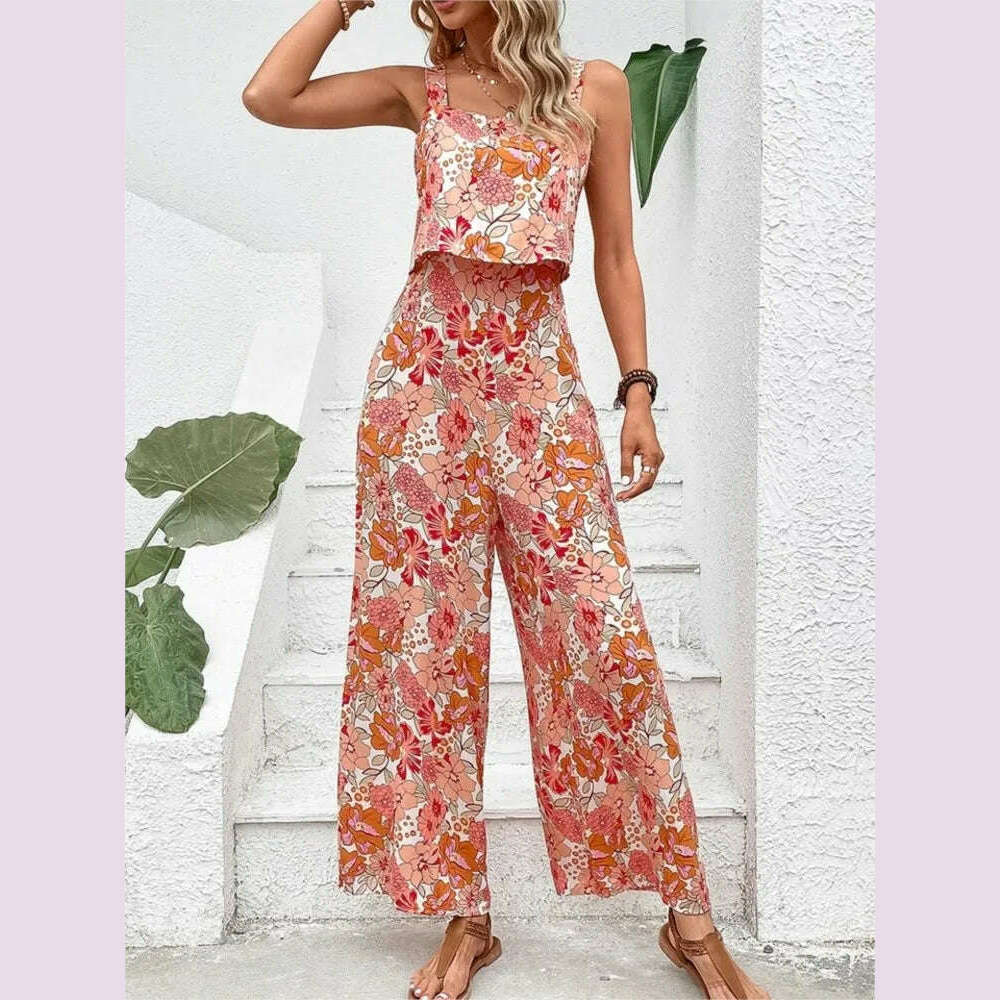 2024 Summer Elegant Long Jumpsuit Women Sexy Backless Wide Leg Casual Sleeveless Floral Rompers Summer Clothes Jumpsuits - KIMLUD