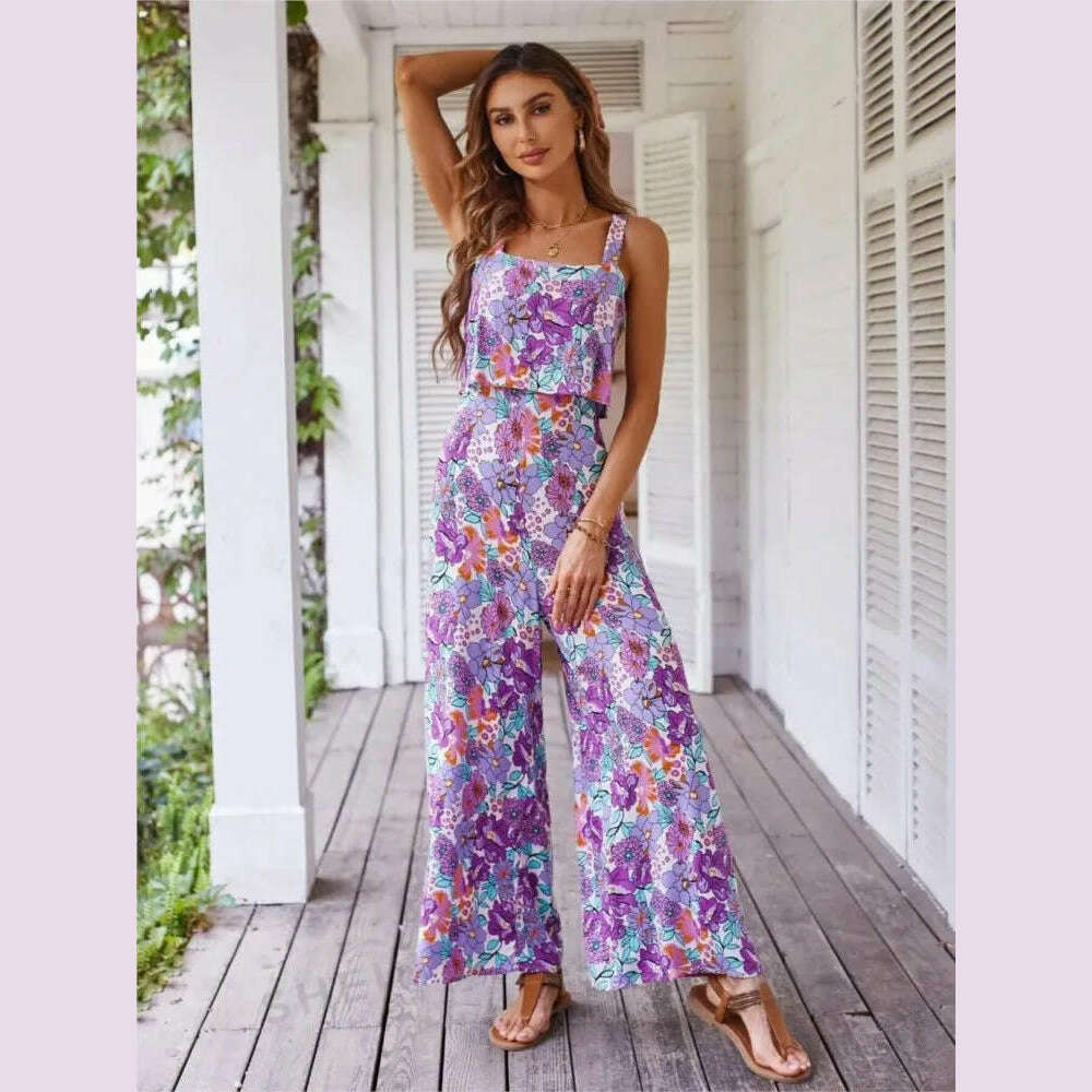 KIMLUD, 2024 Summer Elegant Long Jumpsuit Women Sexy Backless Wide Leg Casual Sleeveless Floral Rompers Summer Clothes Jumpsuits, KIMLUD Womens Clothes