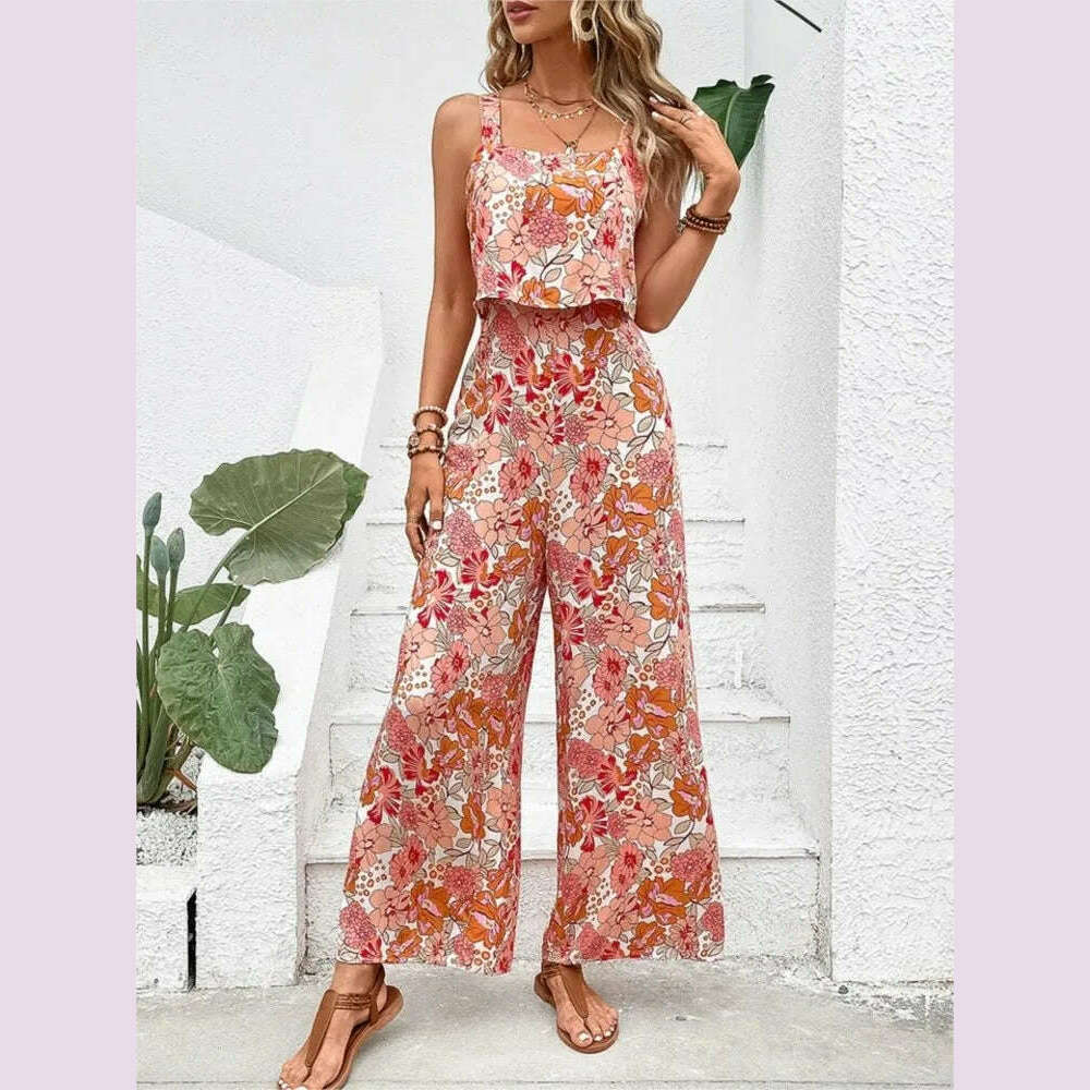 KIMLUD, 2024 Summer Elegant Long Jumpsuit Women Sexy Backless Wide Leg Casual Sleeveless Floral Rompers Summer Clothes Jumpsuits, KIMLUD Womens Clothes