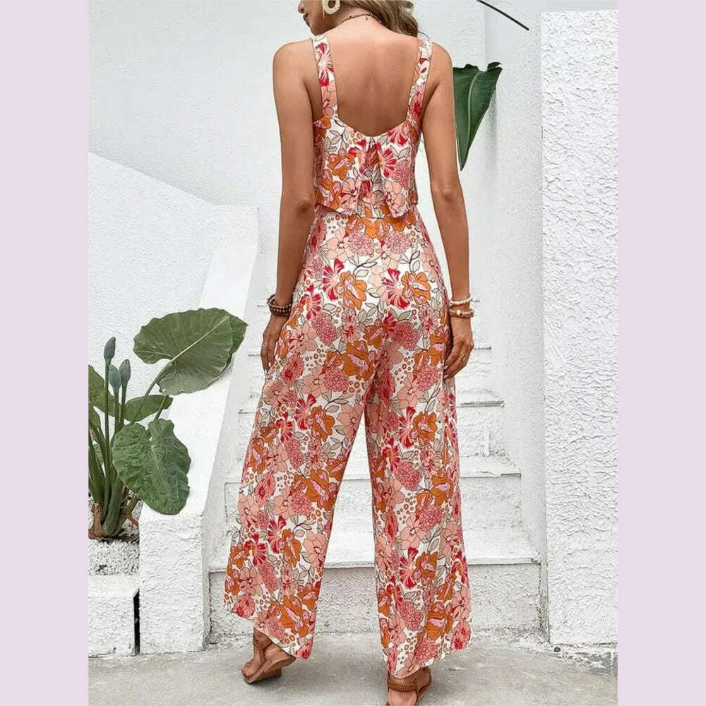 KIMLUD, 2024 Summer Elegant Long Jumpsuit Women Sexy Backless Wide Leg Casual Sleeveless Floral Rompers Summer Clothes Jumpsuits, KIMLUD Womens Clothes