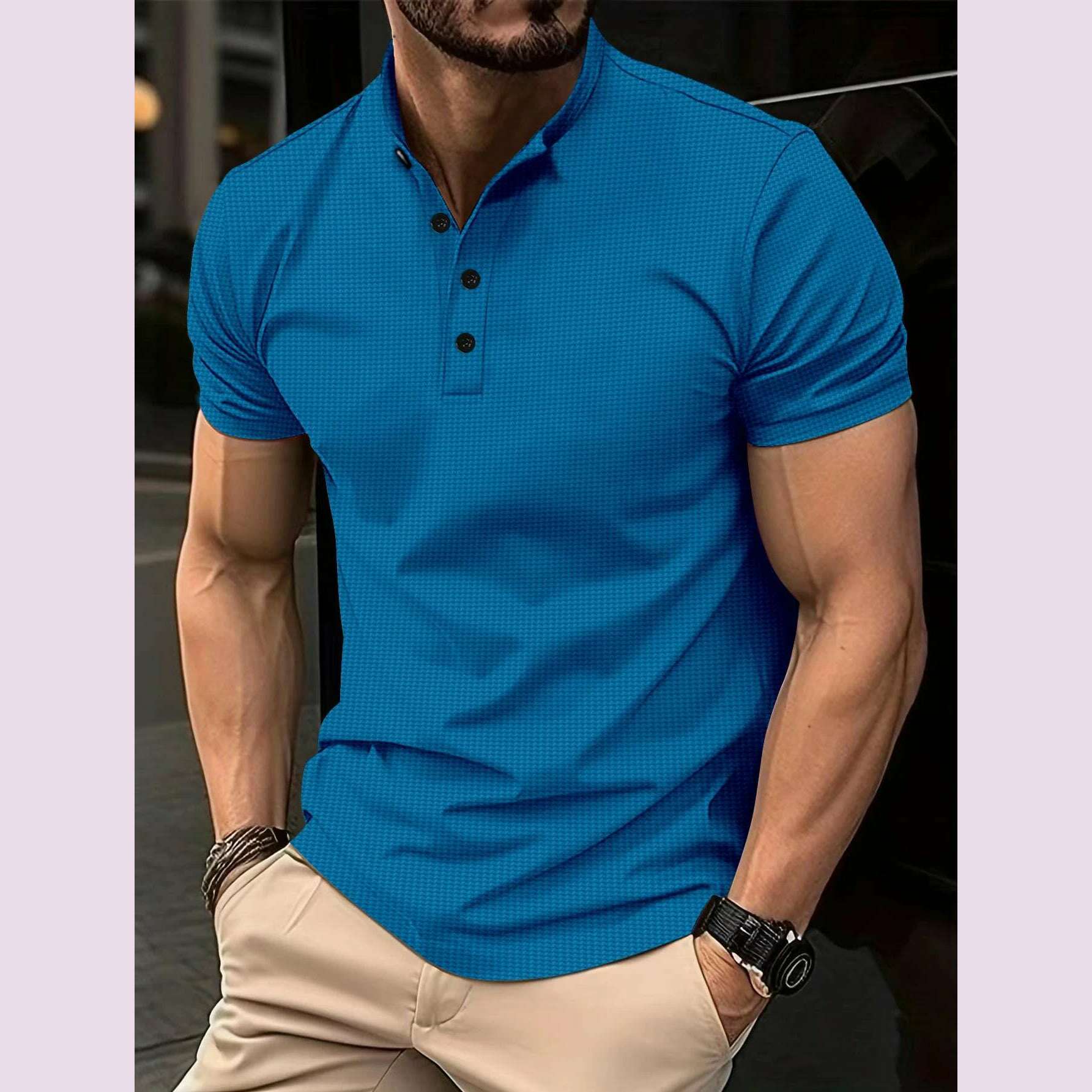 KIMLUD, 2024 summer explosive men's T-shirt Men's fashion slim-fit button-up POLO shirt Henry collar sports polo top, blue / M, KIMLUD APPAREL - Womens Clothes