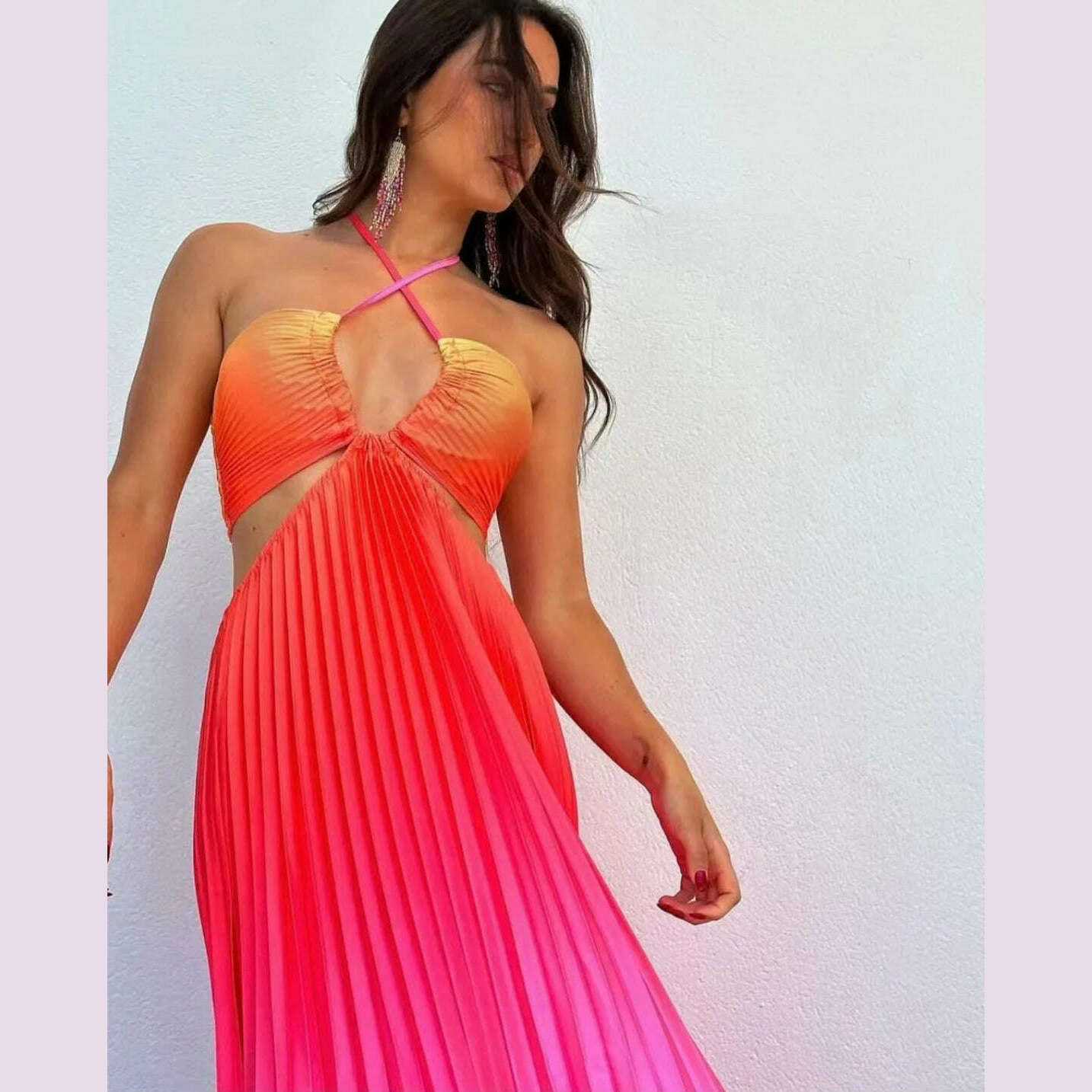 2024 Summer Fashion Women Long Dress Sexy Halter Neck Dress Sleeveless Hanging Trint Comfortable Party Club Women Streetwear - KIMLUD