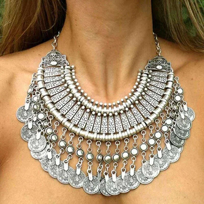 2024 Vintage Coins Multi-layered Metal Carvings Tassel Necklaces Fashionable and Versatile Exaggerated Bib Necklace - KIMLUD