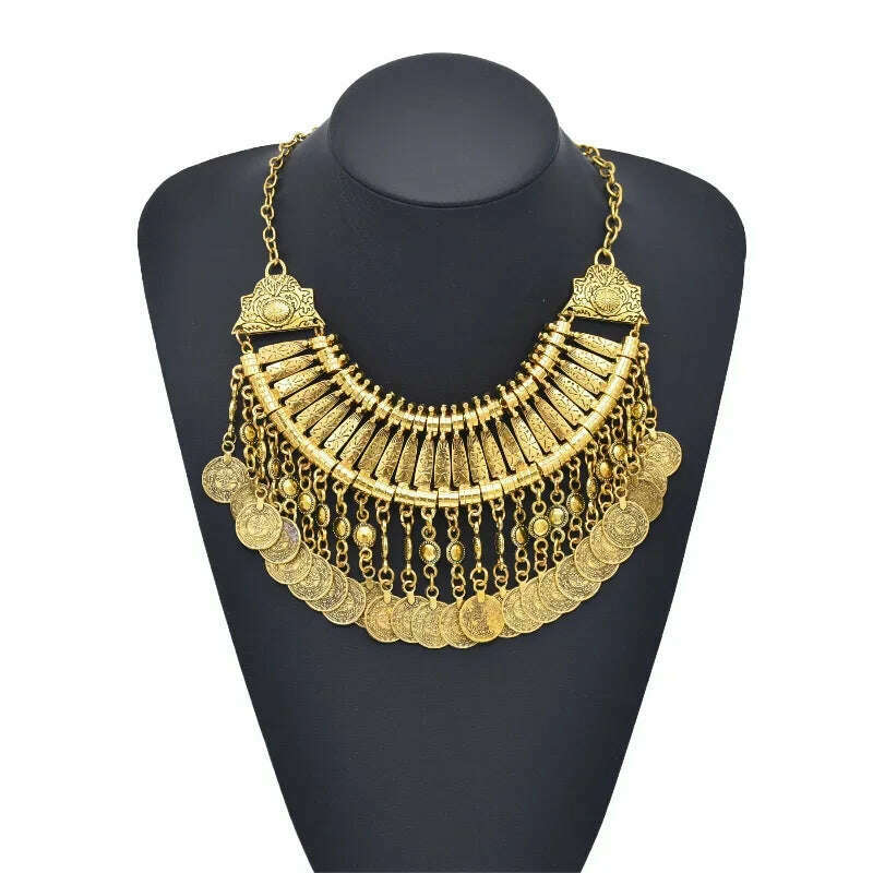 2024 Vintage Coins Multi-layered Metal Carvings Tassel Necklaces Fashionable and Versatile Exaggerated Bib Necklace - KIMLUD