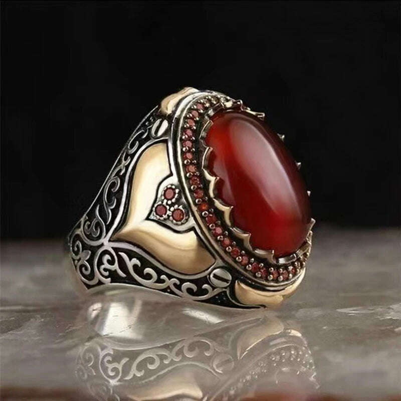 KIMLUD, 2024 Vintage Pattern Handmade Men Rings Retro Geometric Red Agate Stone Rings For Men Retro Islamic Jewelry Accessories, KIMLUD Womens Clothes