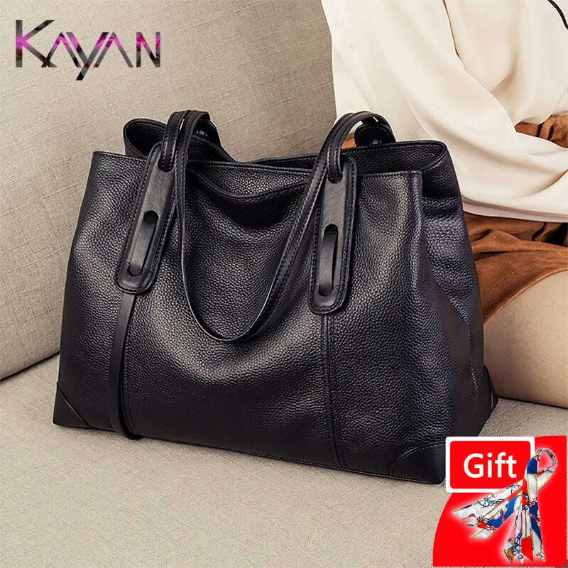 2024 Winter Spring Lichee Genuine Leather Women Shoulder Handbag Large Capacity Soft Cowhide Pacthwork Female Tote Bag - KIMLUD