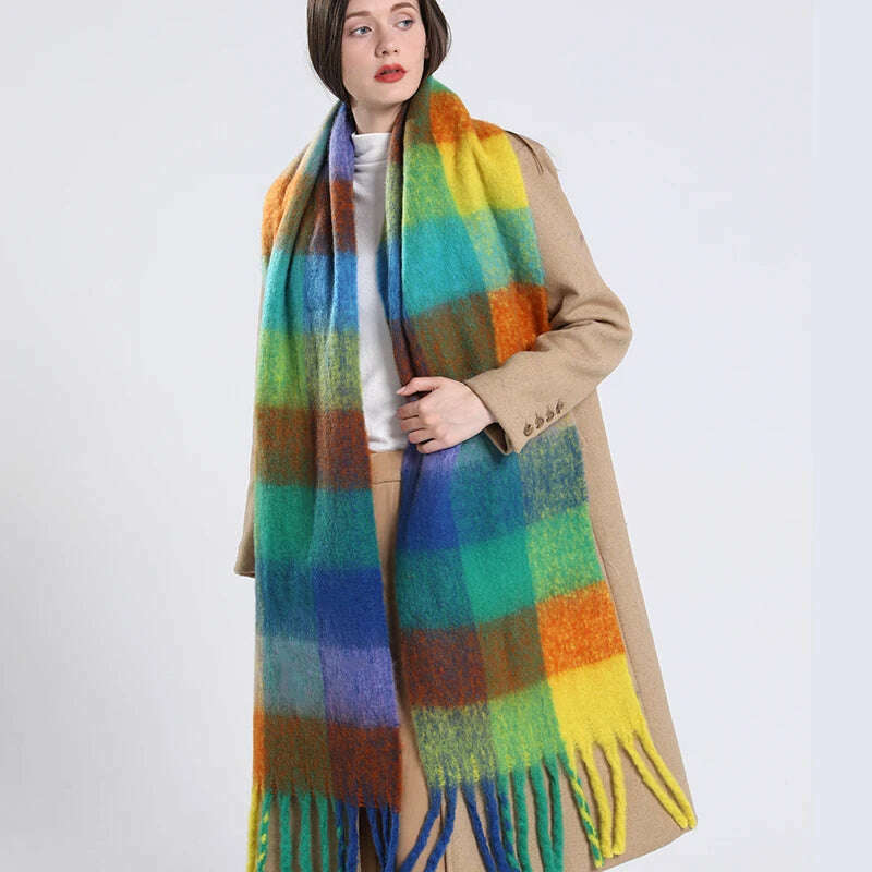 2024 Winter Thick Warm Scarf Women Cashmere Shawl and Wraps Pashmina Neckerchief Bufanda Female Rainbow Hairy Tessel Echarpe New - KIMLUD