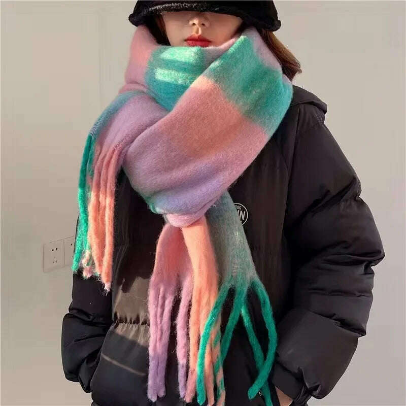 2024 Winter Thick Warm Scarf Women Cashmere Shawl and Wraps Pashmina Neckerchief Bufanda Female Rainbow Hairy Tessel Echarpe New - KIMLUD