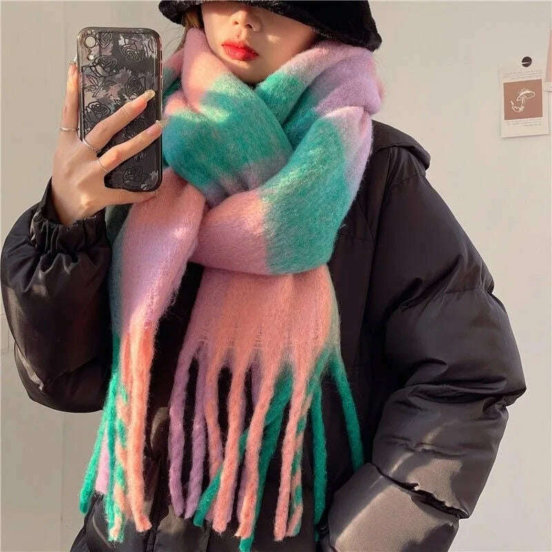 2024 Winter Thick Warm Scarf Women Cashmere Shawl and Wraps Pashmina Neckerchief Bufanda Female Rainbow Hairy Tessel Echarpe New - KIMLUD