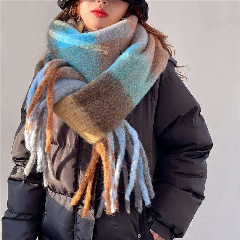 2024 Winter Thick Warm Scarf Women Cashmere Shawl and Wraps Pashmina Neckerchief Bufanda Female Rainbow Hairy Tessel Echarpe New - KIMLUD