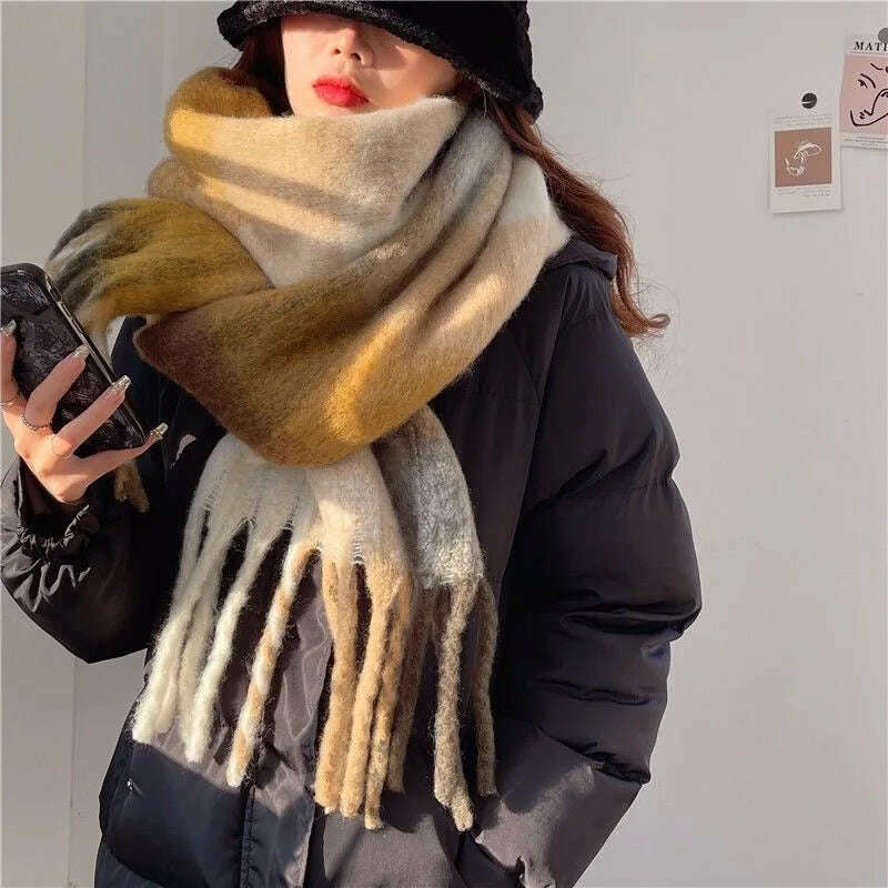 2024 Winter Thick Warm Scarf Women Cashmere Shawl and Wraps Pashmina Neckerchief Bufanda Female Rainbow Hairy Tessel Echarpe New - KIMLUD