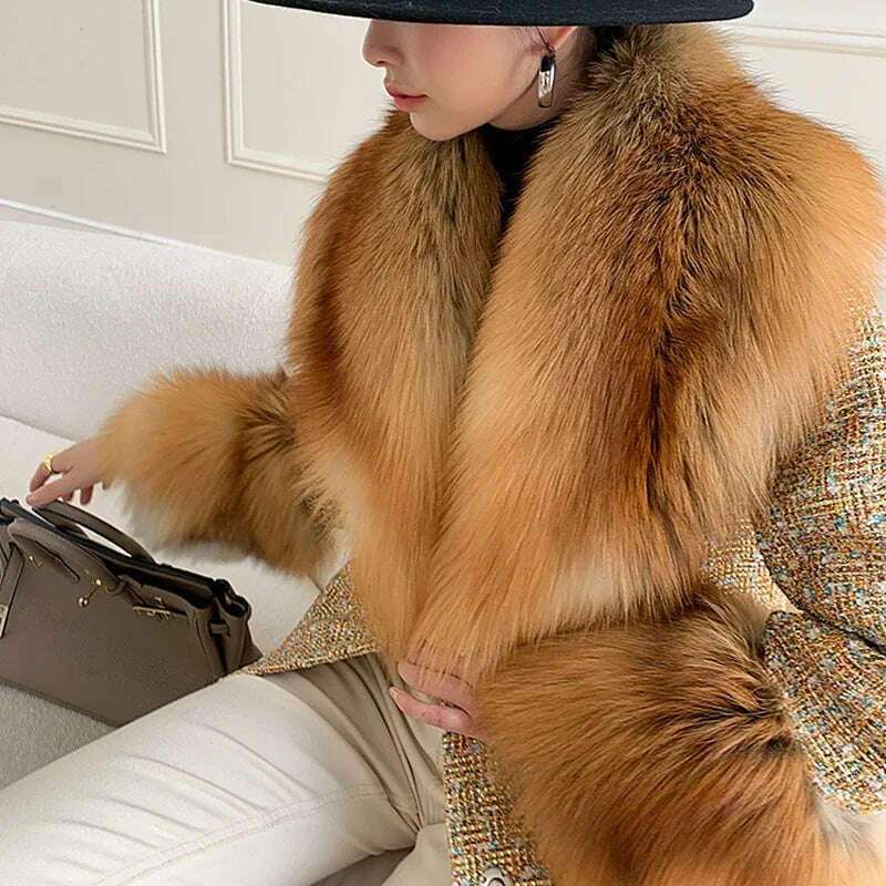 2024 Winter Women Wool Blends Long Coat Real Red Fox Fur Collar Cuffs Thick Warm Jacket Tweed Plaid New Luxury Female Coat - KIMLUD