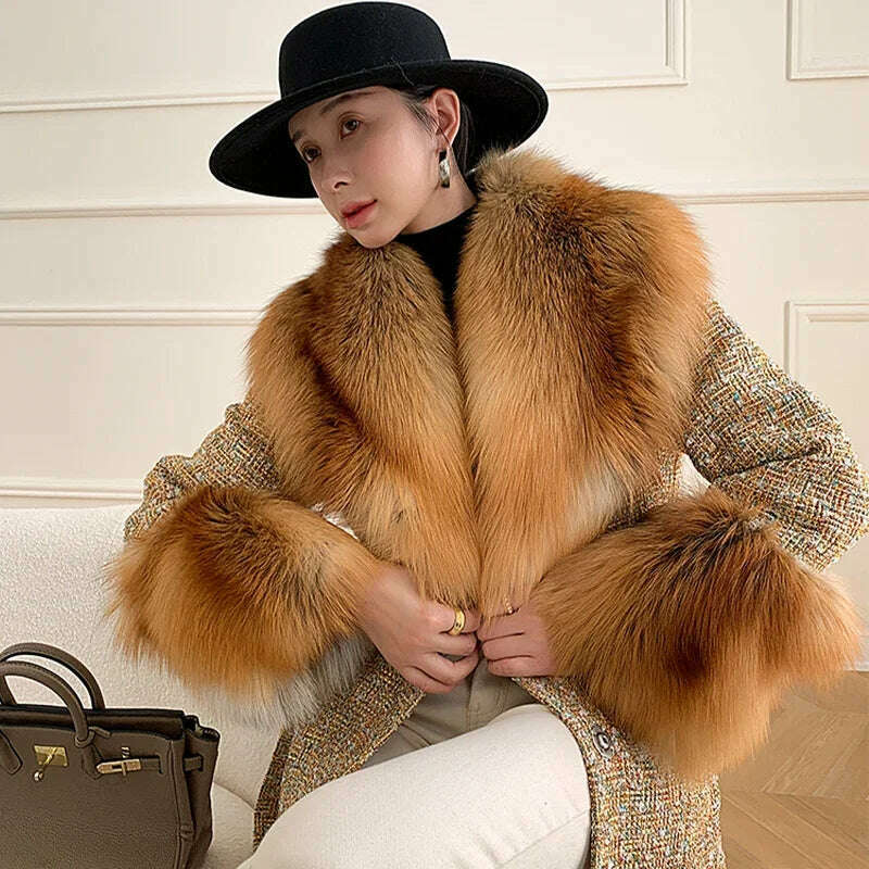 KIMLUD, 2024 Winter Women Wool Blends Long Coat Real Red Fox Fur Collar Cuffs Thick Warm Jacket Tweed Plaid New Luxury Female Coat, KIMLUD Womens Clothes