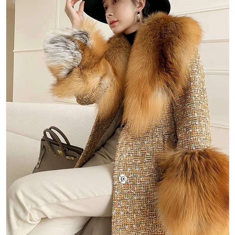 KIMLUD, 2024 Winter Women Wool Blends Long Coat Real Red Fox Fur Collar Cuffs Thick Warm Jacket Tweed Plaid New Luxury Female Coat, KIMLUD Womens Clothes